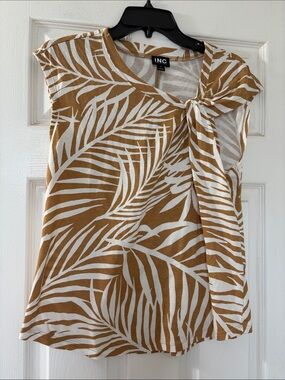 INC International Concepts White and Brown Leaf-Print Tie-Neck Top